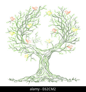 Lineare Grafik grün alte große weitverzweigt Baum mit Blättern und Vögel Stockfoto