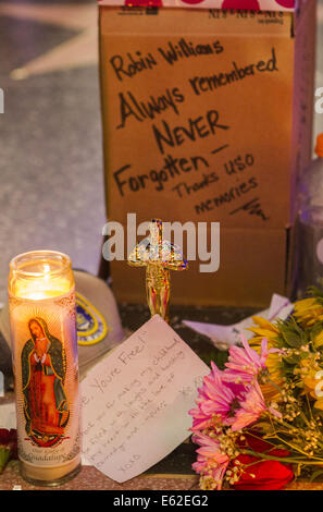 Los Angeles, Kalifornien, USA. 12. August 2014. Nachrichten, Blumen und Kerzen an Schauspieler Robin Williams Stern auf dem Hollywood Walk of Fame am Dienstag bleiben. Academy Award-Winning Schauspieler und Komiker Robin Williams wurde tot in seinem Hause Marin County früheren Montag von einem scheinbaren Selbstmord gefunden. Er war 63 Jahre alt. Bildnachweis: Ringo Chiu/ZUMA Draht/Alamy Live-Nachrichten Stockfoto