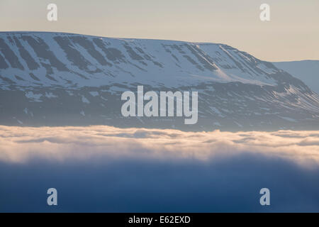 Neblige Landschaft, eyjafjordur, Northern Island Stockfoto