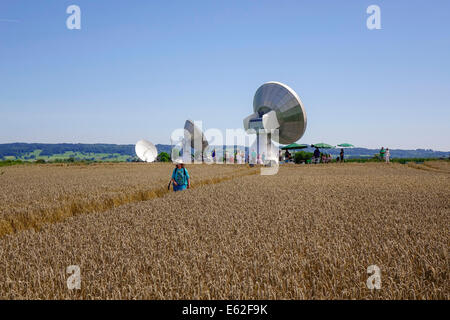 Menschen bewundern ein Kornkreis in einem Maisfeld bei Rasiting, Upper Bavaria, Bavaria, Germany, Europe Stockfoto