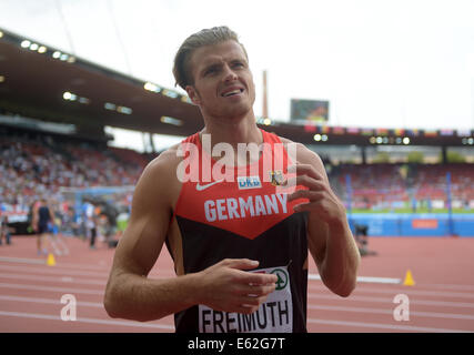 Zürich, Schweiz. 12. August 2014. Rico Freimuth Deutschland konkurriert Männer Hochsprung Veranstaltung von Decathlon Wettbewerb am Europäischen Leichtathletik Weltmeisterschaften 2014 im Letzigrund Stadion in Zürich, Schweiz, 12. August 2014. Foto: Bernd Thissen/Dpa/Alamy Live News Stockfoto