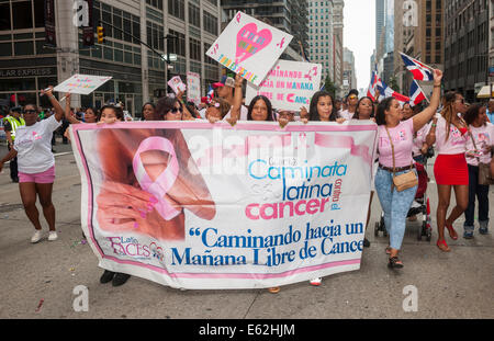 Mitglieder von Krebs-Pflege-Interessengruppe Caminata Latina Contra El Krebs März der 33. jährlichen Dominikanischen Day Parade Stockfoto