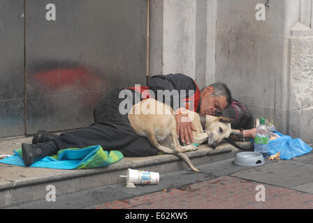 London, UK, 12. August 2014, Obdachloser, Big Issue Verkäufer und seinem Hund auf den Straßen von London. Stockfoto