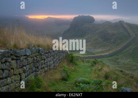 Morgendämmerung am Hadrianswall in der Nähe des römischen Kastells bei Housesteads, Northumberland, England Stockfoto