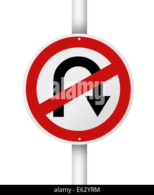 Keine u Turn roter Kreis Verkehr Straßenschild post isolierten auf weißen Hintergrund. Stockfoto