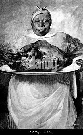 1880ER JAHRE ILLUSTRATION DER AFROAMERIKANISCHE FRAU KOCHEN PLATTE MIT EINEM THANKSGIVING DINNER-TRUTHAHN MIT BLICK IN DIE KAMERA Stockfoto