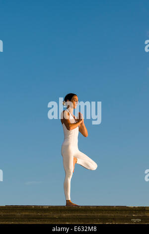 Junge Frau praktizieren Hatha-Yoga, im Freien, zeigen die Pose Vrikshasana, Baum Stockfoto