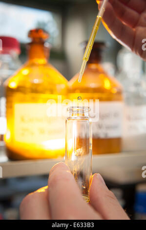 Ein Labor-Arbeiter mit einer Pipette auf eine chemische Flüssigkeit in einen Glasbehälter füllen Stockfoto