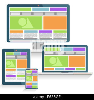 Responsive Web Design-Konzept auf verschiedenen Geräten in modernen Flat Style Stockfoto