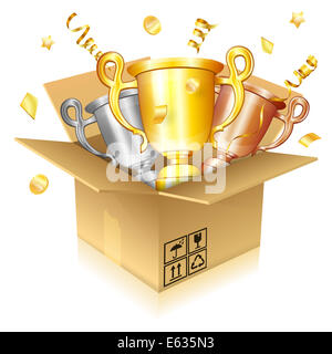 Fußball-Konzept - offenen Karton mit Set Gold, Silber und Bronze Trophäen, isoliert auf weißem Hintergrund Stockfoto
