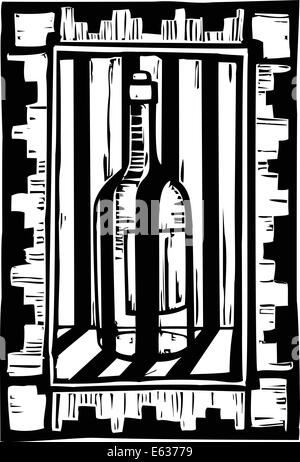 Holzschnitt Stil Wein Flasche mit afrikanischen Grenzen Stock Vektor