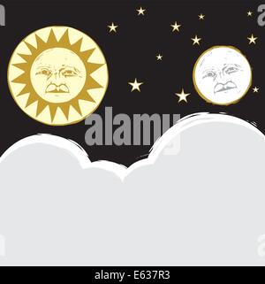 Holzschnitt Stil Bild der Sonne und des Mondes Dämmerung und Nacht Stock Vektor
