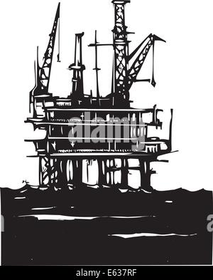 Holzschnitt-Style-Image eines Tiefsee-Offshore-Öl-Rigs Bohrungen auf dem Ozean Stock Vektor