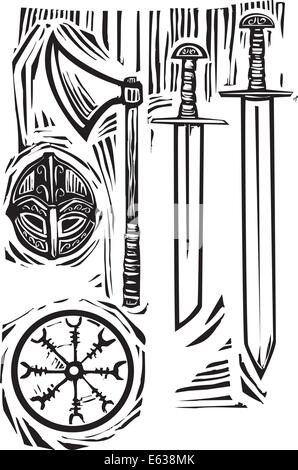 Holzschnitt Stilbilds Viking Waffen und Rüstungen. Stock Vektor