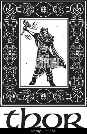 Holzschnitt Stil Bild der Wikinger Gott Thor in einer keltischen Grenze. Stock Vektor