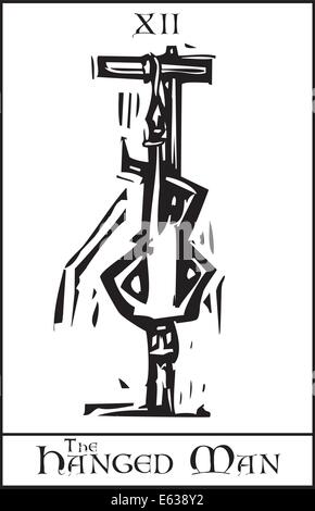 Holzschnitt expressionistischen Stil Tarot Karte HauptArcana Bild von der gehängte Stock Vektor