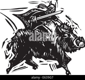 Holzschnitt-Stil Bild des nordischen Gott Frey oder Freyr reitet auf dem Rücken der Zwerg machte Eber Gullinbursti. Stock Vektor