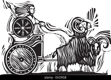 Holzschnitt-Style-Image der altnordischen Göttin Frigg oder Frigga fahren in einem Wagen, gezogen von Ziegen. Stock Vektor