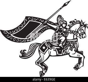 Holzschnitt-Stil Bild des nordischen Wikinger "Walküre" ein Pferd zu reiten. Stock Vektor