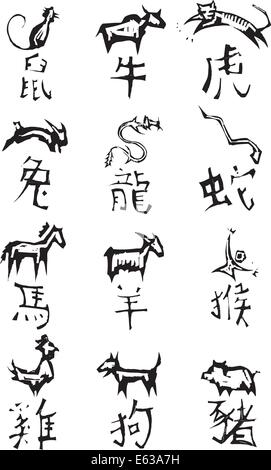 Primitive Holzschnitt Reihe von chinesischen Tierkreiszeichen. Stock Vektor