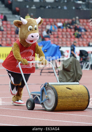 Zürich, Schweiz. 13. August 2014. Das Maskottchen drückt "Cooly" ein Werkzeug, um den Boden auf die Europäische Leichtathletik Weltmeisterschaften 2014 im Letzigrund Stadion in Zürich, Schweiz, 13. August 2014 trocknen. Foto: Rainer Jensen/Dpa/Alamy Live-Nachrichten Stockfoto