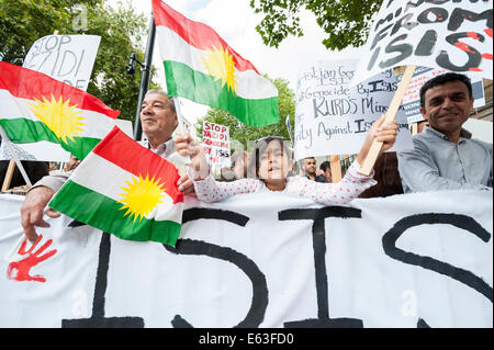 Whitehall, London, UK. 13. August 2014. Eine große Schar von Sympathisanten versammelt gegenüberliegenden Downing Street gegen den britischen Premierminister militärische Untätigkeit gegen harte Kämpfer im Irak zu demonstrieren. Der Protest und die Mahnwache wurde von der Solidarität gegen ISIS-Kampagne in Zusammenarbeit mit der britischen pakistanischen Christian Association organisiert. Im Bild: Kredit: Lee Thomas/Alamy Live-Nachrichten Stockfoto