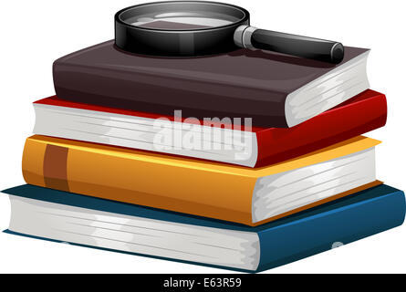 Abbildung aus einem Stapel von Büchern mit einer Lupe an der Spitze Stockfoto
