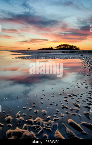 Sonnenuntergang Himmel und Reflexionen an Folly Beach, South Carolina, USA Stockfoto