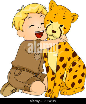 Abbildung eines jungen in einem Safari-Outfit umarmt ein Gepard Stofftier Stockfoto