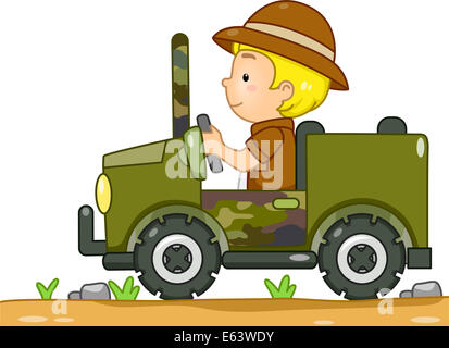 Abbildung eines jungen in einem Safari-Outfit einen Camouflage Jeep fahren Stockfoto