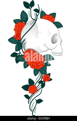 Abbildung der ein Tattoo Design mit einem Totenkopf mit Reben und Rosen gewickelt um ihn herum Stockfoto