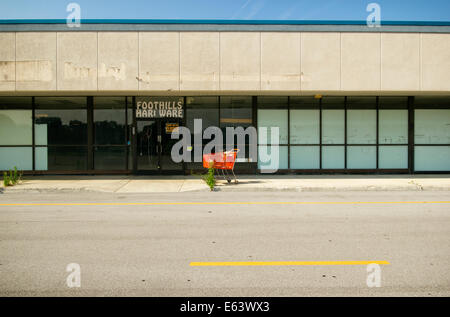 Eine leere Schaufenster in einem verlassenen Einkaufszentrum mit einem roten Einkaufswagen vor der Tür. Stockfoto
