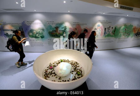 Nanjing, China Provinz. 14. August 2014. Journalisten passieren der "Schüssel von Nanjing", ein Kunstwerk zeigt einzigartige Riverstones von Nanjing, in der Nähe der Pressekonferenzsaal an den Main Media Centre von Nanjing 2014 Olympischen Jugendspielen in Nanjing, die Hauptstadt der Provinz Ost-China, am 14. August 2014. © Song Zhenping/Xinhua/Alamy Live-Nachrichten Stockfoto