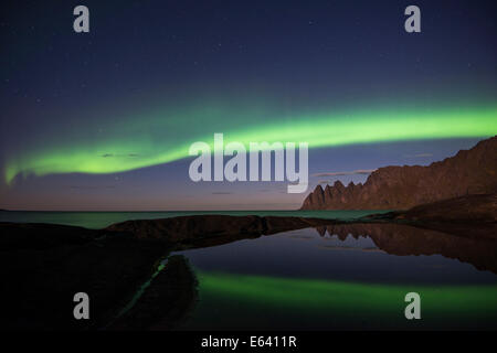 Nordlicht oder Aurora Borealis mit Spiegelbild im Wasser, in den Rücken Tungeneset, Senja, Norwegen Stockfoto