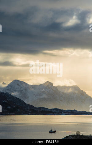 Angelboot/Fischerboot an einem Fjord Austnesfjorden Fjord, Vagan, Lofoten, Norwegen Stockfoto