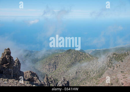 Blick vom Pico de Las Nieves, Lavalandschaft, Caldera de Taburiente Nationalpark, Degollada del Barranco De La Madera, La Palma Stockfoto