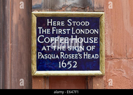 Stadt von London A Plaque in St. Michael Gasse Kennzeichnung der Website von Londons erstes Kaffeehaus Stockfoto