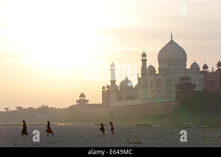 Taj Mahal am Ufer des Flusses Yamuna, Agra, Indien Stockfoto