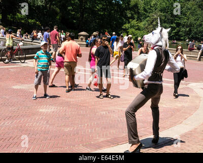 Einhorn-Imitator spielt das Akkordeon im Bethesda Plaza im Central Park, New York Stockfoto