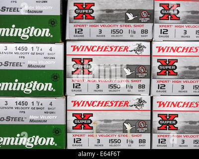 Winchester und Remington 12 Gauge Shotgun Shell Boxen, Walmart Rabatt Kaufhaus, USA Stockfoto