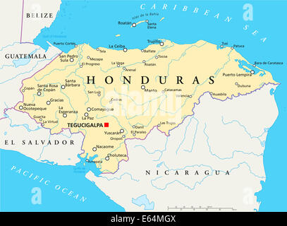 Honduras politische Karte mit Hauptstadt Tegucigalpa, Landesgrenzen, die wichtigsten Städte, Flüsse und Seen. Englisch beschriften. Stockfoto