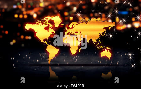 Welt Karte Gold City Light Shine Bokeh 3D Hintergrund Stockfoto