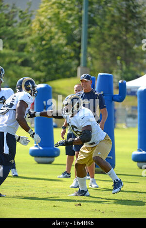 Earth City, Missouri, USA. 14. August 2014. St. Louis Rams defensive end Michael Sam (96) während nachmittags Praxis im Russell-Ausbildungszentrum in Earth City, Missouri. Bildnachweis: Gino's Premium Bilder/Alamy Live-Nachrichten Stockfoto