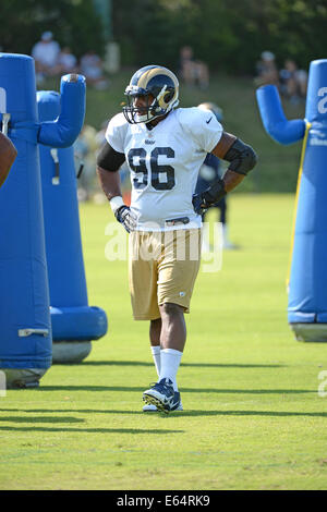 Earth City, Missouri, USA. 14. August 2014. St. Louis Rams defensive end Michael Sam (96) während nachmittags Praxis im Russell-Ausbildungszentrum in Earth City, Missouri. Bildnachweis: Gino's Premium Bilder/Alamy Live-Nachrichten Stockfoto