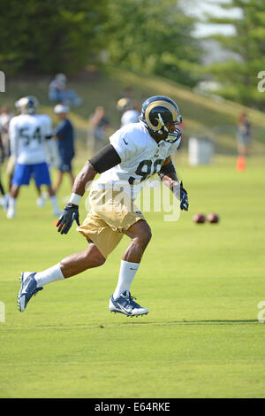 Earth City, Missouri, USA. 14. August 2014. St. Louis Rams defensive end Michael Sam (96) während nachmittags Praxis im Russell-Ausbildungszentrum in Earth City, Missouri. Bildnachweis: Gino's Premium Bilder/Alamy Live-Nachrichten Stockfoto