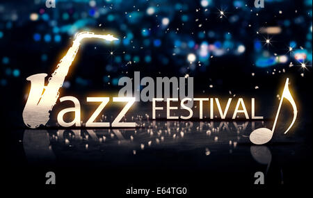 Jazz Festival Saxophon Silver City Bokeh Star Shine blauen Hintergrund 3D Stockfoto