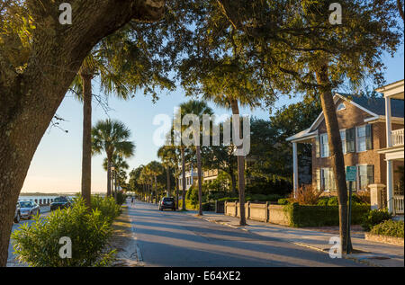 Historische Häuser entlang der Uferpromenade am Murray Boulevard, beleuchtet von der untergehenden Sonne, Charleston, South Carolina, USA Stockfoto