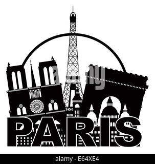 Paris Frankreich City Skyline Umriss Silhouette schwarz im Kreis isoliert auf weißem Hintergrund Panorama-Illustration Stockfoto