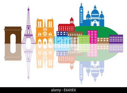 Paris Frankreich City Skyline Silhouette Umrissfarbe mit Reflexion isoliert auf weißem Hintergrund Panorama-Illustration Stockfoto