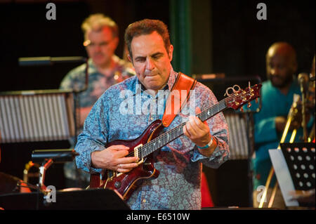 Live Musik-Gitarrist mit Bündeladern 21-köpfigen Big Band auf der Bühne Brecon Jazz Festivals 2014 Stockfoto